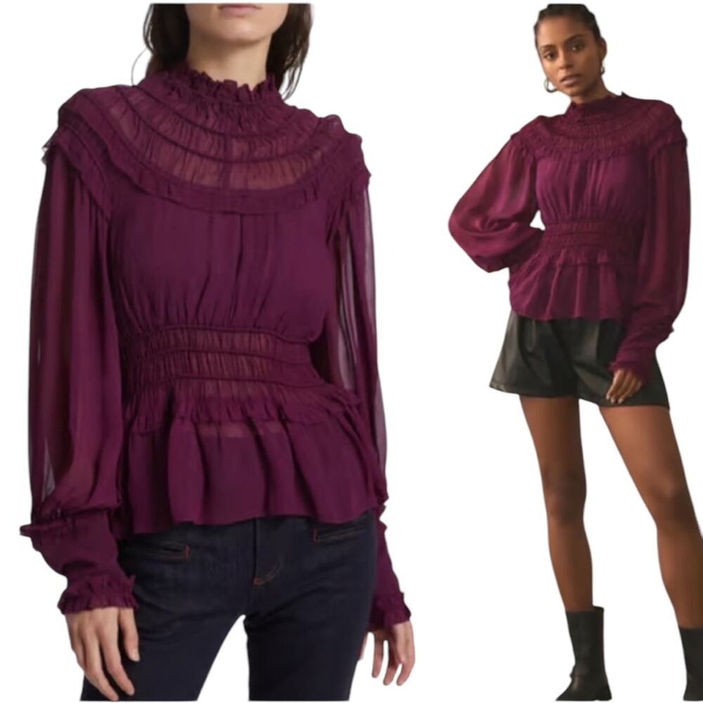 Farm Rio Chiffon Ruffled Blouse in Bordeaux Sz Large Eggplant Purple Peplum NEW - Picture 2 of 15